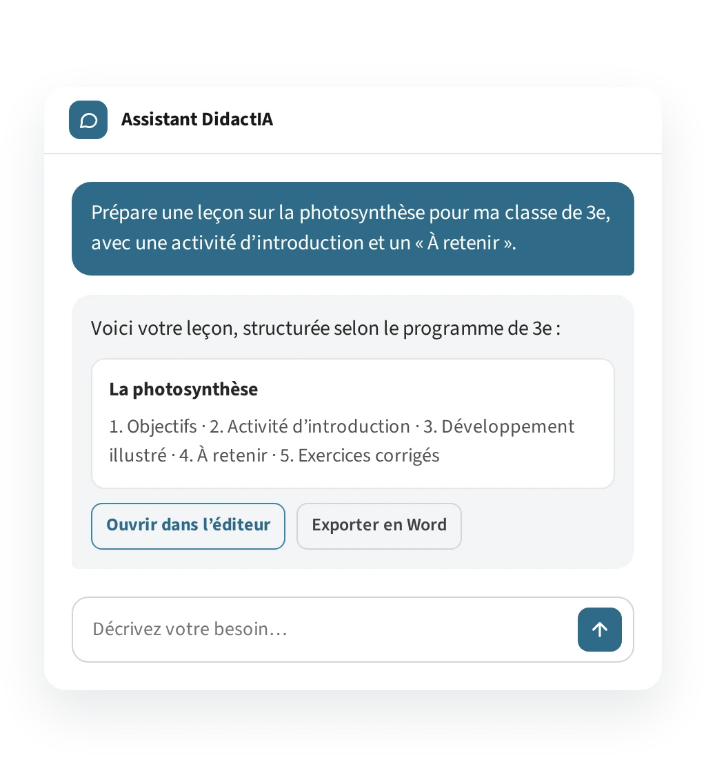 Une demande de leçon sur la photosynthèse et la leçon préparée par l’assistant