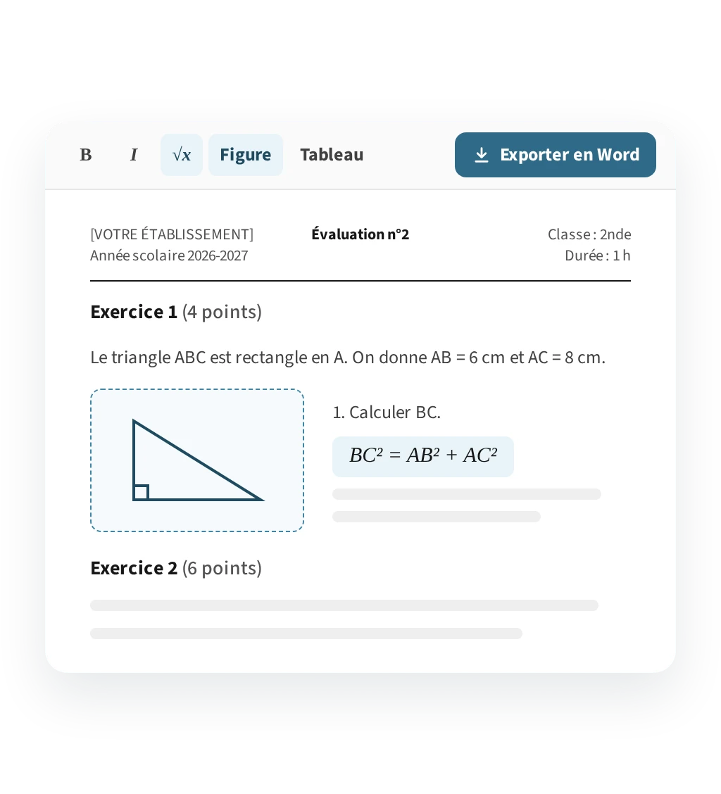 Une évaluation dans l’éditeur, avec une figure de triangle et une formule