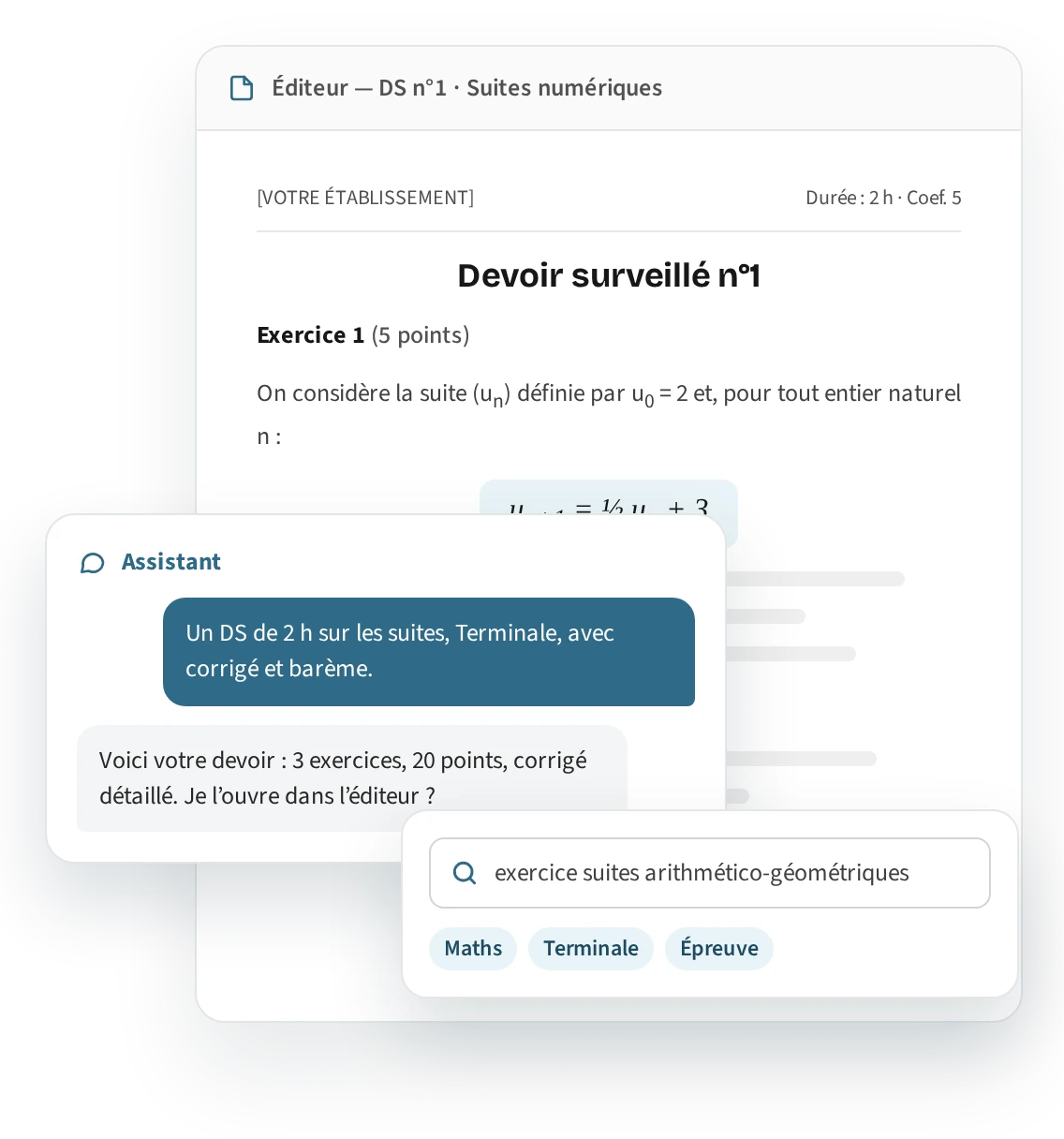 Aperçu de DidactIA : un devoir surveillé dans l’éditeur, une demande à l’assistant et une recherche d’épreuve